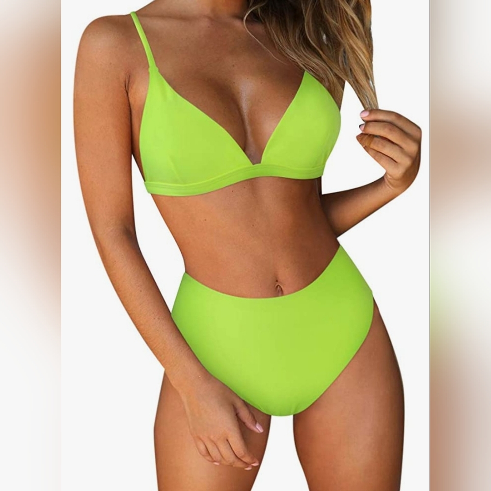 RUUHEE High Wasted 2 Piece Padded Push-Up Flourescent Green Bikini New Large (8)